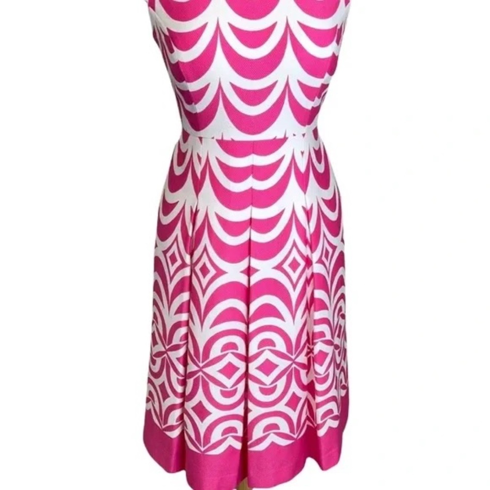TALBOTS Geo Scallop Cap Sleeve Fit & Flare Pleated Dress Pink/White 6 - Picture 13 of 14